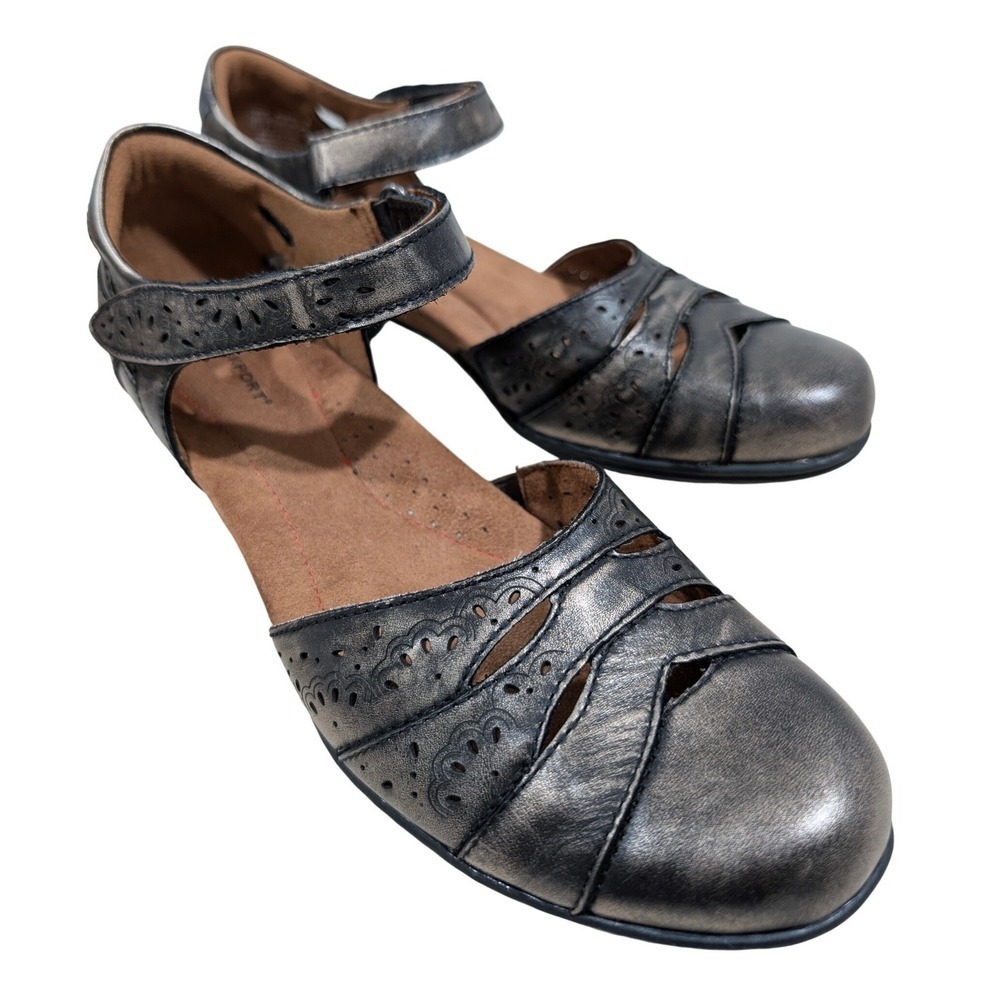 Rockport Metallic Pewter Bronze Leather Mary Jane Comfort Heels Velcro Strap 8.5